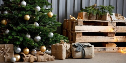 Naklejka premium Festive Christmas Tree Decorations and Gift Setup