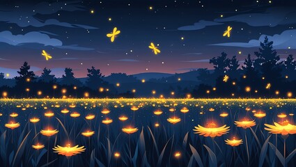 Enchanted Night Field: Glowing Flowers and Fireflies