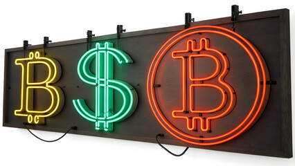 Neon sign displaying bitcoin and dollar symbols, representing cryptocurrency and traditional currency, highlighting the intersection of digital and traditional finance