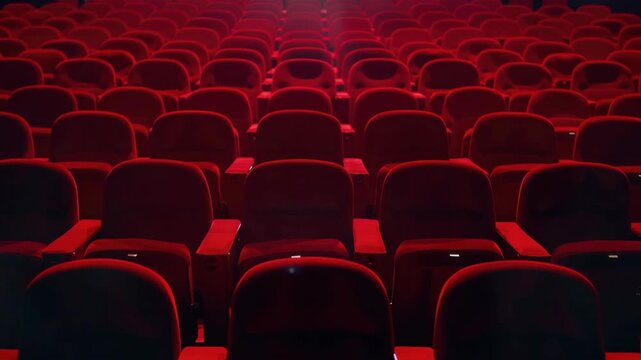 Theater with red seats and empty rows of chairs.