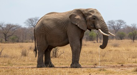 Obraz premium African elephant stands in a dry grassy field on a hot day displaying majestic features
