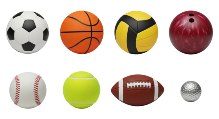 Collection of various sport balls isolated on transparent background for sports equipment and recreational activities