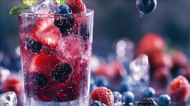 Fizzy drink with blueberries and strawberries on the side.