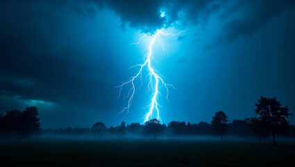 Powerful electric lightning bolt striking down from dramatic stormy blue sky over misty field with silhouetted trees in eerie nighttime landscape