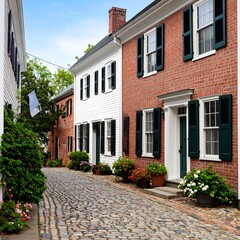 Picturesque cobblestone alleyway with historic brick and white houses