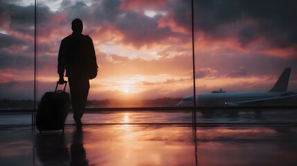 Silhouette of traveler with suitcase in airport terminal dramatic sunset sky and airplane outside