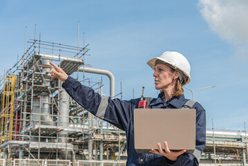 Female engineer using laptop on site outdoor for project