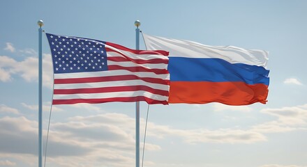 American and Russian Flags Waving Side by Side on Flagpoles with Cloudy Sky Symbolizing International Relations"


