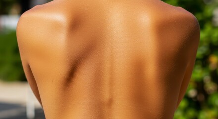 Close-up of a tanned woman's back reveals smooth skin and muscle definition with nature backdrop