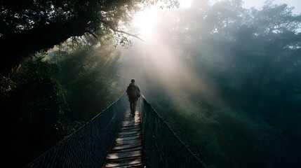 Fototapeta premium A lone hiker crosses a suspension bridge in a dense misty forest with dramatic sunbeams piercing through the trees creating an ethereal atmosphere