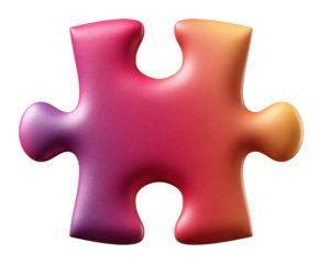 Gradient color jigsaw puzzle piece with smooth leather texture, abstract element, vibrant hues of red, orange, purple, and yellow, isolated on transparent background
