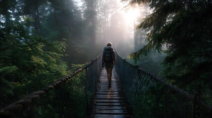 Hiker crosses a suspension bridge in a misty sunlit forest