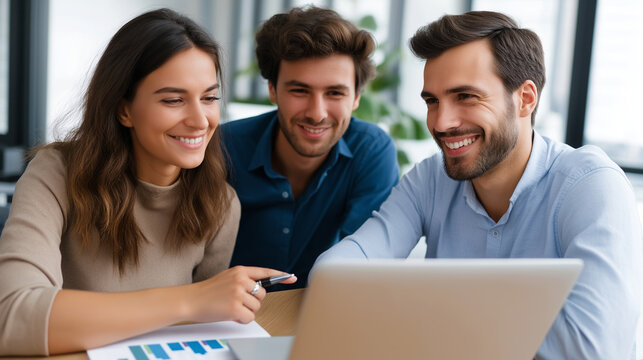 A consultant assisting a young couple at a modern office table pointing toward charts displayed on a laptop relaxed smiles exchanged under natural light atmosphere of teamwork - Powered by Adobe