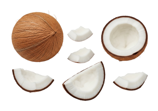 Coconut pieces and half isolated on transparent background, tropical fruit with hard shell and white flesh inside
