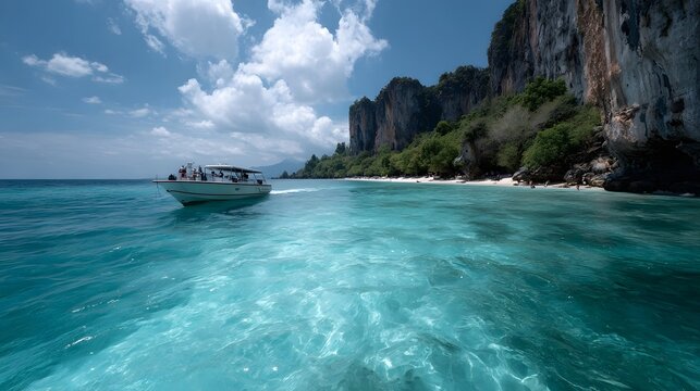 A tourist boat navigates the clear turquoise waters near dramatic limestone cliffs on a sunny tropical island