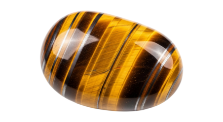 Closeup of a polished tigers eye gemstone isolated on transparent background, revealing its chatoyancy and golden hues