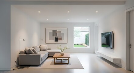 A bright, modern minimalist living room with a grey sectional sofa, wooden coffee table, and a large window.