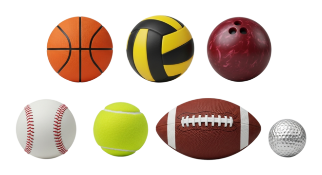 Collection of various sport balls including basketball, volleyball, and baseball isolated on transparent background, showcasing athletic equipment