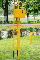 Fototapeta premium Bright yellow water access point in a green park setting during
