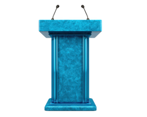 Blue acrylic podium modern transparent design photo realistic style two microphones isolated on transparency background suitable for conference speech or presentation event