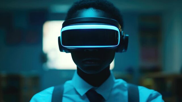 A young person with a VR headset, exploring the digital world.