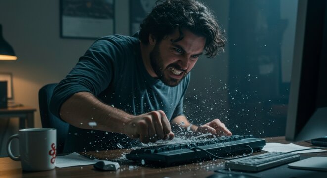 Frustrated man smashing keyboard in anger after computer failure in a dark room
