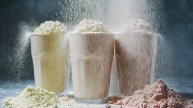 Three colorful smoothie glasses with various mix-ins, possibly including matcha, maca, and other nutrients.