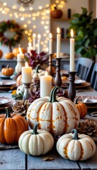 Autumnal Table Setting with Pumpkins and Candles for Festive Gathering