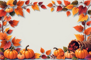 Autumn Harvest Decor with Pumpkins and Fall Leaves on Beige Background