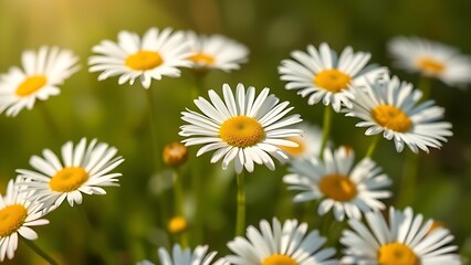 Fototapeta premium Fresh daisies bathed in sunlight with a soft green background, showcasing delicate petals in close-up.