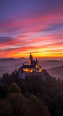 Fototapeta premium Majestic castle perched atop a hill illuminated by a vibrant sunset sky