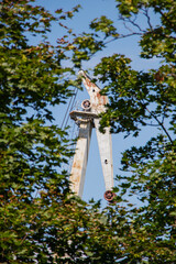 Cranes emerge amidst greenery in a construction area on a sunny day in early autumn