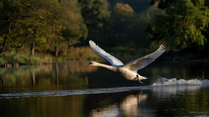 Obraz premium Swan flying over calm lake nature photography serene environment early morning light