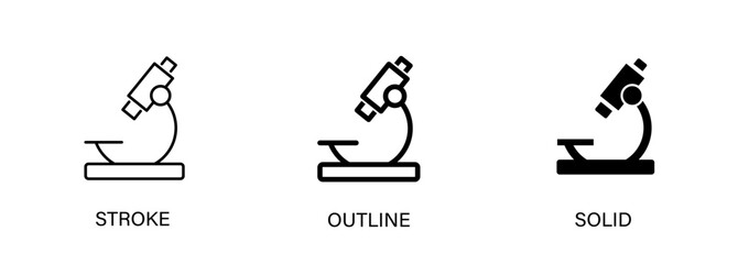 Microscope icon for science, research, lab, hospital. Vector line and solid icons.