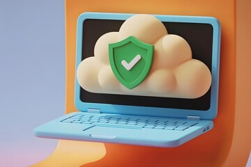 3d illustration of a stylized cartoon laptop with a fluffy cloud icon displaying a green shield and checkmark symbolizing secure cloud computing and data protection
