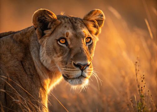 Majestic lioness gazes intently through golden african savannah grass at sunrise