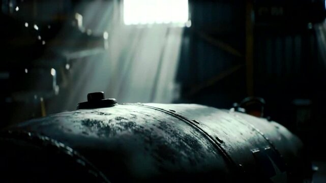 An atmospheric view of a bomb in a dimly lit industrial space with streams of light and shadow.