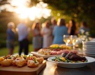 Elegant Outdoor Gathering with Delicious Food and Sunset Views