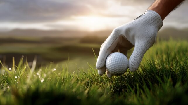 Golf player preparing to tee off on a beautiful course at sunset captured in a close-up shot inspiring focus and precision