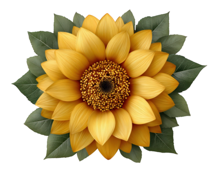 Yellow sunflower flower clipart with detailed petals and green leaves, decorative craft element for design, cheerful and vibrant illustration, isolated on transparency background