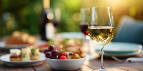 Naklejka premium Elegant Outdoor Dining with Wine and Gourmet Snacks