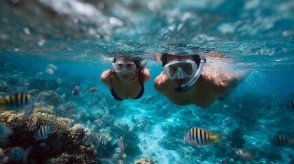 Naklejka premium A couple snorkeling together over a vibrant coral reef surrounded by colorful fish in clear blue ocean water