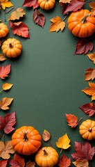 Autumn Leaves and Pumpkins on a Green Background for Fall Decor