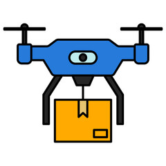 Flat vector illustration of a blue drone carrying a package, symbolizing modern delivery technology, logistics, and innovation in transportation