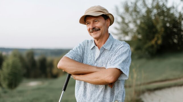 Golfing afternoon senior golfer enjoying nature golf course portrait tranquil setting close-up leisure activity
