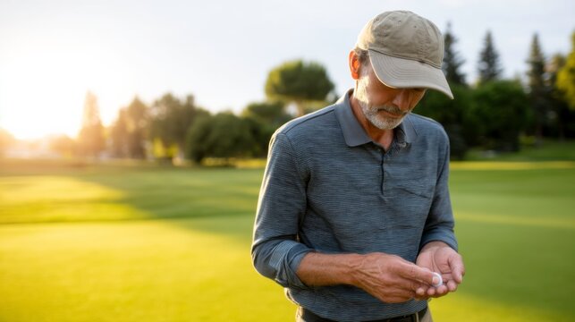 Senior male golfer reflecting on game techniques at sunset in lush golf course environment