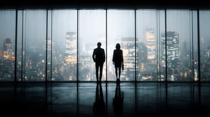 Business people looking out cityscape
