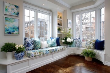 Fototapeta premium Cozy Bay Window Nook with Blue and White Decorative Accents