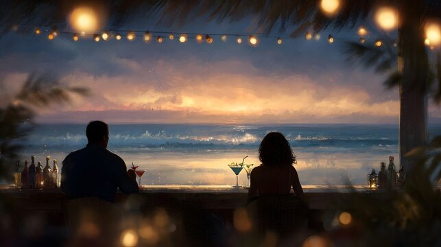 Couple enjoys cocktails at a beach bar during a beautiful sunset