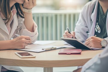 Obraz premium Doctors reviewing medical records and discussing patient care at a round table in an office